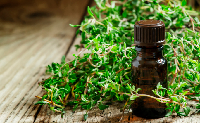 בקבוק שמן אתרי טימין לצד עלי טימין על שולחן עץ